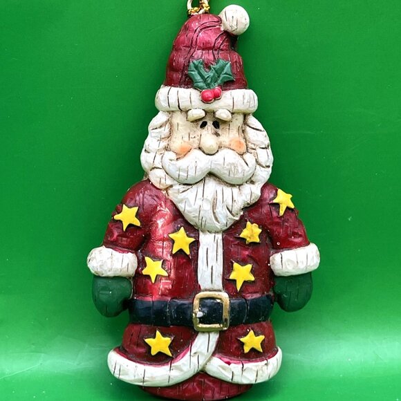 Set 2 Vintage Santa Ornaments Resin Folk Art Stars Candy Cane Christmas Holiday - Picture 3 of 9